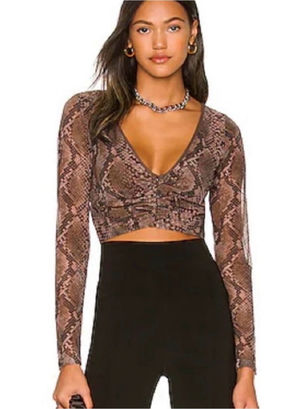 h:ours Brown Snake-Print V-Neck Ruched Crop Top NWT Size Medium